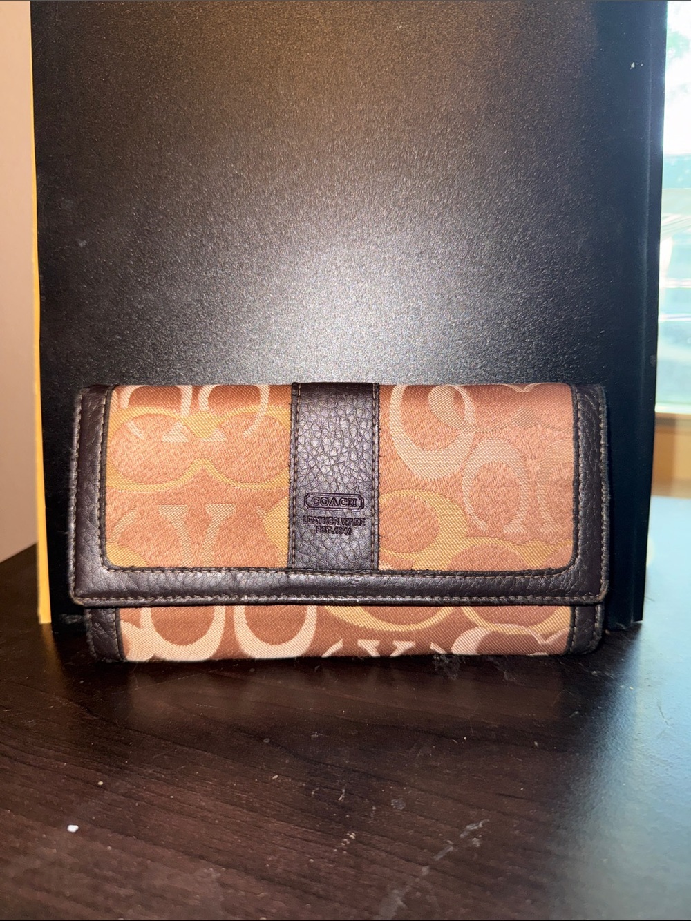 Coach Tan and Dark Brown Signature Canvas Trifold Wallet